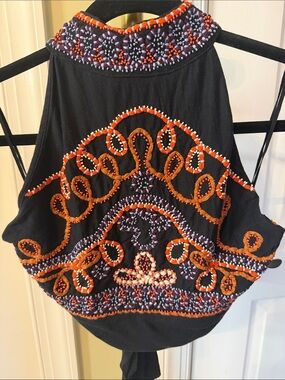 Free People Black Halter Camisole with Orange and Purple Beading